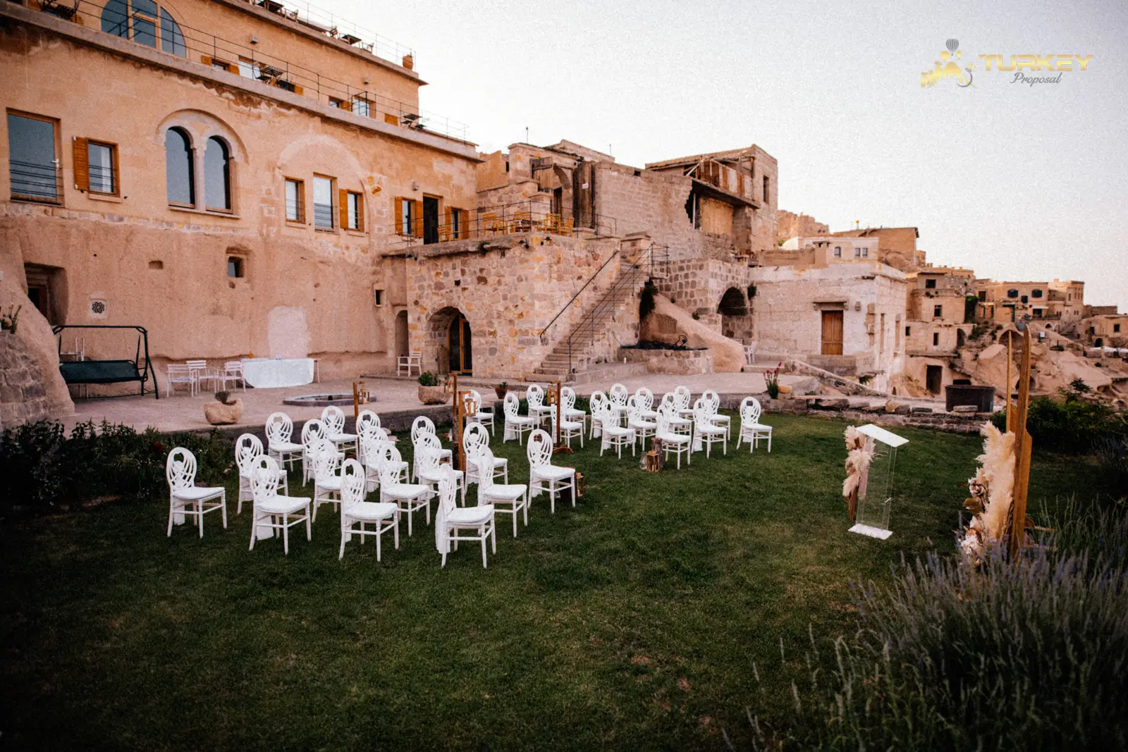 Wedding couple celebrating with sparklers at night in Cappadocia